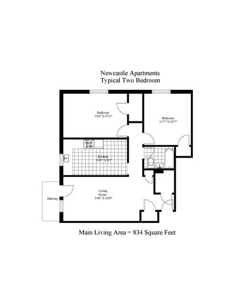 Floor plan for 2 beds, 1 bath, 834 sqft
